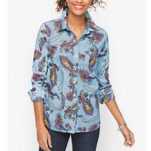 Talbots Plus Shirt Womens 1X Blue Paisley Print Button Up 100% Cotton Casual